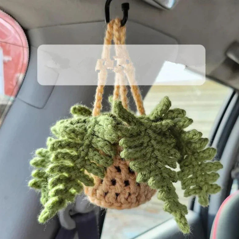 Charming knitted car plant decor with hanging white rope and green and white colour scheme