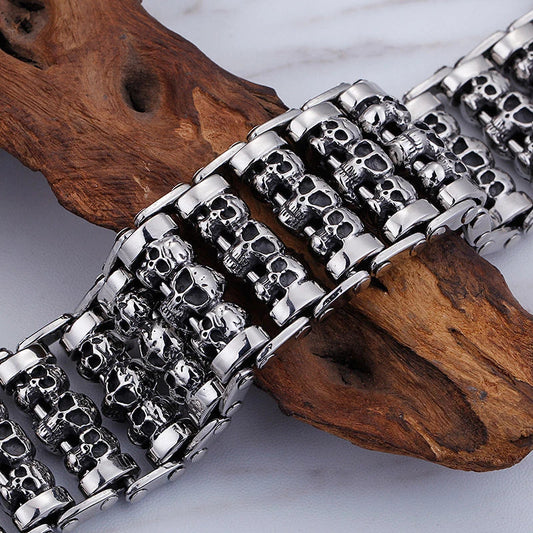 A premium titanium steel skull bracelet, designed for the style-conscious British gentleman with a rebellious spirit.