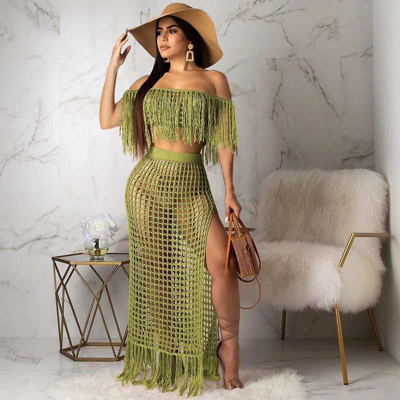 GiftHome UK Elegant Handcrafted Tassel Off-Shoulder Beach Skirt Set