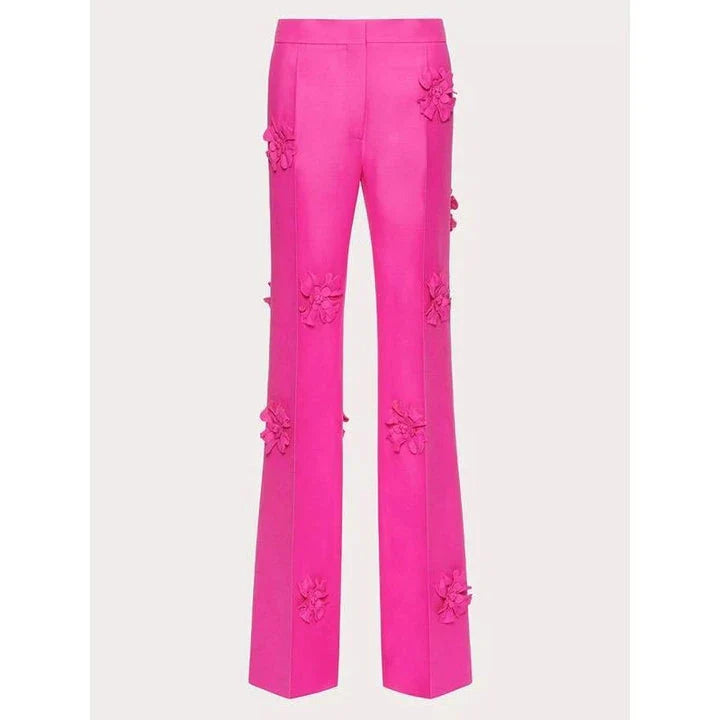 Premium high-waist wide-leg trousers in a pink shade, featuring a unique patchwork design for a stylish and comfortable look.