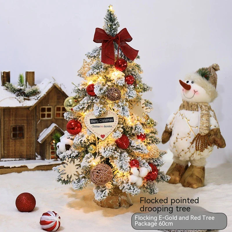 Flocked mini Christmas trees in gold, red, and brown colours, perfect for tabletop and mantel displays