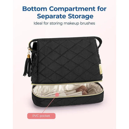 Double Layer Makeup Cosmetic Bag in soft pink colour with stylish tassel zippers and secure side clasps