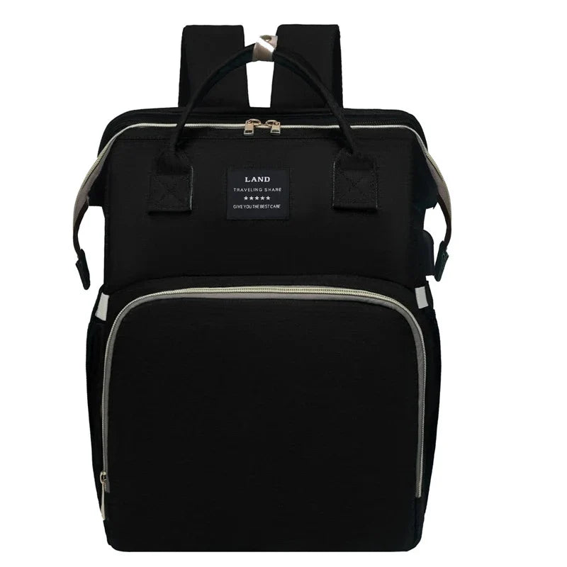 Multifunctional maternity diaper backpack with removable mosquito net, foldable crib, and water-resistant design for convenient family travel