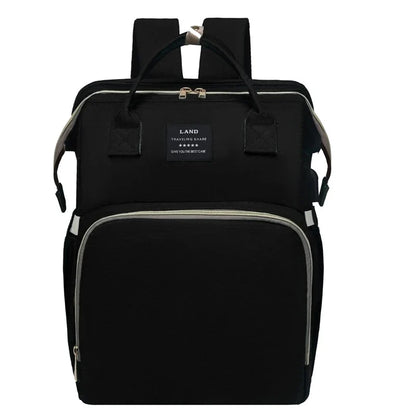 Multifunctional maternity diaper backpack with removable mosquito net, foldable crib, and water-resistant design for convenient family travel