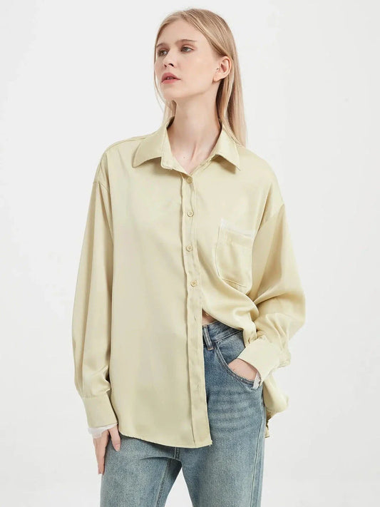 Elegant satin silk long sleeve blouse in black, white, and yellow colours