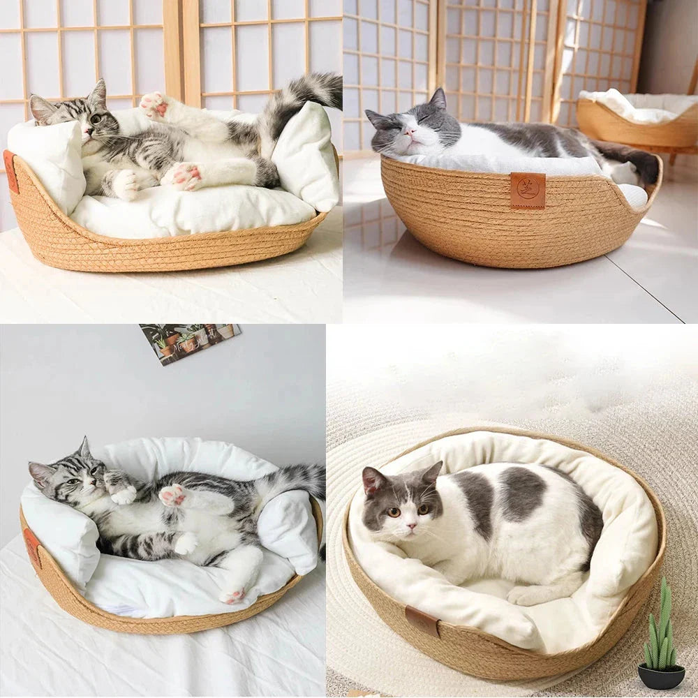 Handcrafted bamboo pet bed with removable cushion, providing a cosy and stylish sleeping space for cats and small dogs