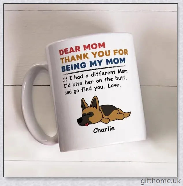 Personalized custom coffee mug with a playful and unique design, perfect for pet lovers and those with a quirky sense of humour.
