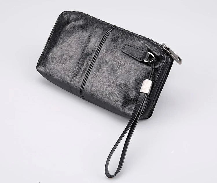 Retro Casual Men's Top Leather Wallet in Premium Cow Leather with Zipper Closure and Polyester Cotton Lining