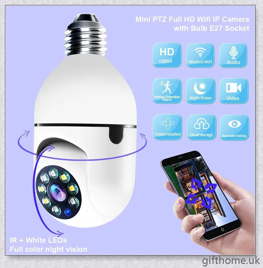 5G Wi-Fi smart home surveillance bulb camera with 360-degree coverage, night vision, and remote monitoring capabilities