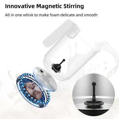 A stainless steel and black 5-in-1 automatic milk frother that can create hot, cold, and frothed milk for delicious coffee, latte, cappuccino, and hot chocolate drinks