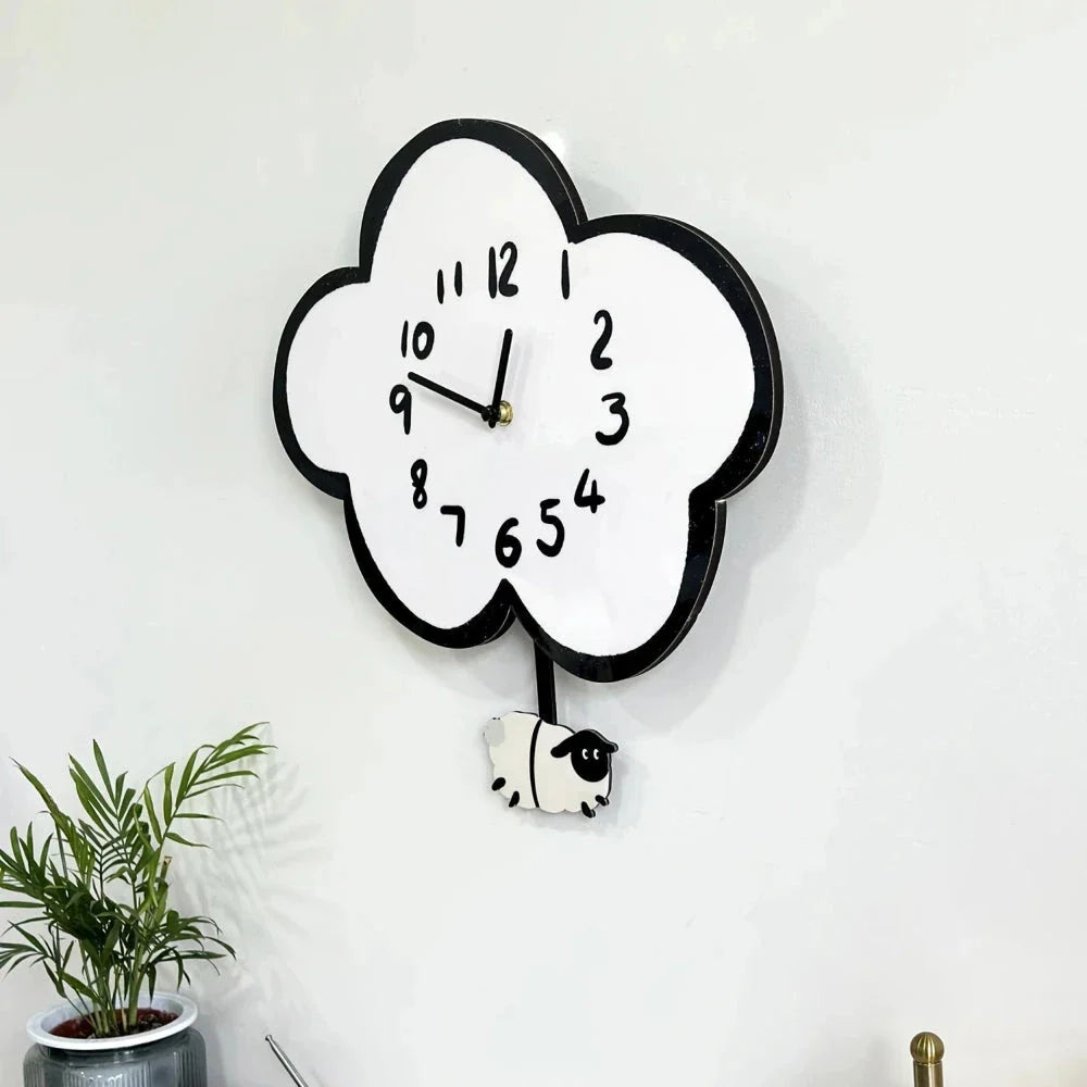 38cm Silent Cartoon Cloud Sheep Swinging Wall Clock, a charming and eco-friendly wall decor with a playful sheep design