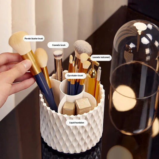 360 degree rotating makeup brush storage box in elegant white design
