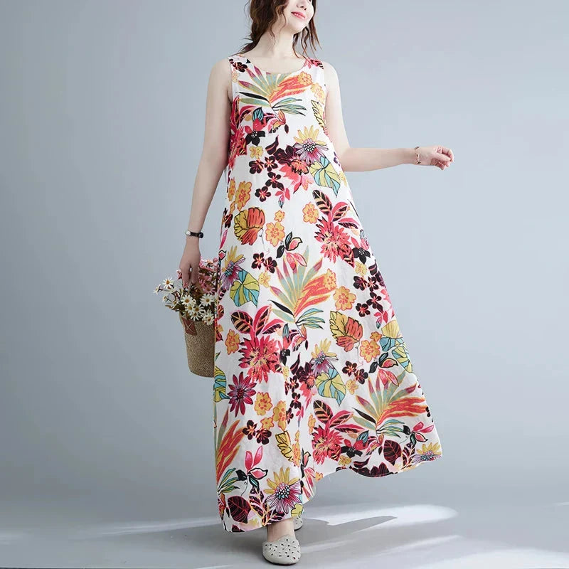 Elegant floral print cotton linen maxi dress in blue, perfect for warm weather wear