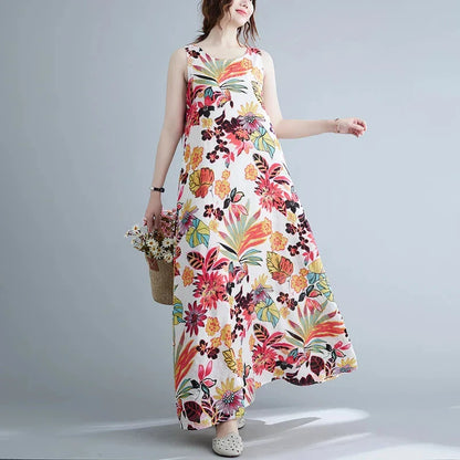 Elegant floral print cotton linen maxi dress in blue, perfect for warm weather wear
