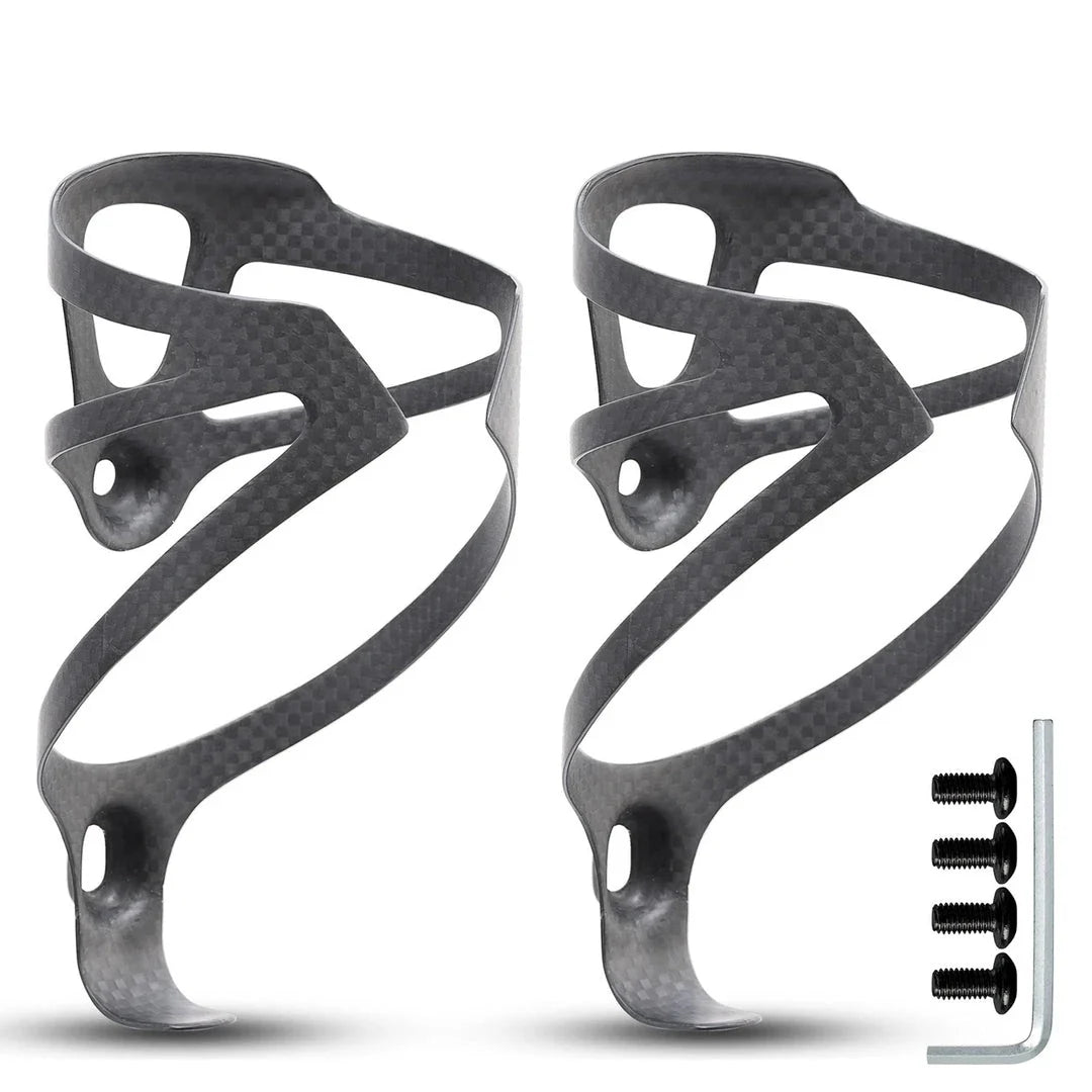Carbon fibre bicycle water bottle cage with sleek matte black finish and secure design for cycling enthusiasts
