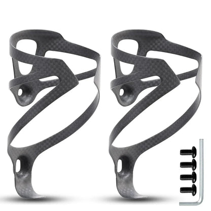Carbon fibre bicycle water bottle cage with sleek matte black finish and secure design for cycling enthusiasts