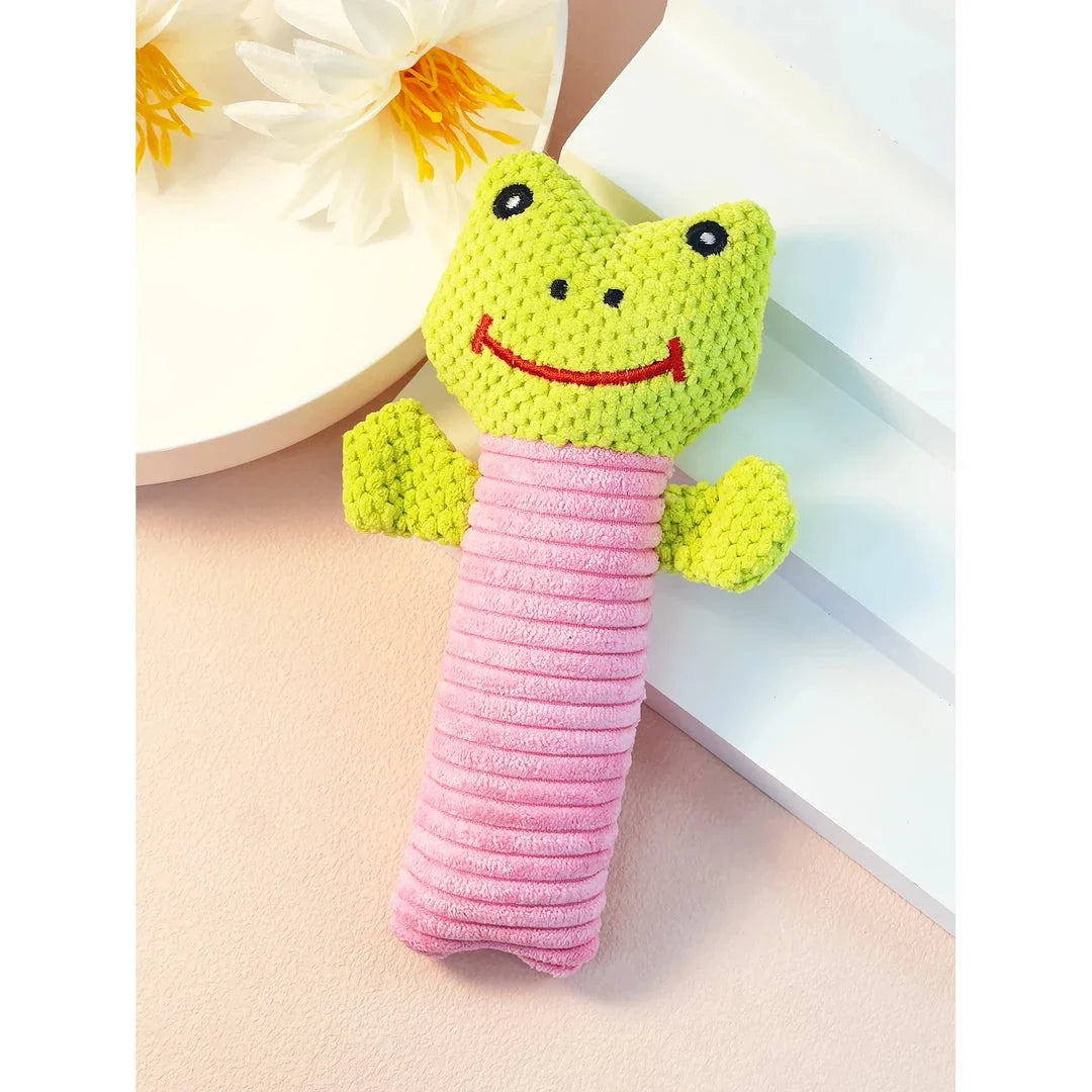 Interactive plush dog toys in the shape of corn kernels and dog figures, made of soft fleece material with built-in squeakers for endless playtime fun.