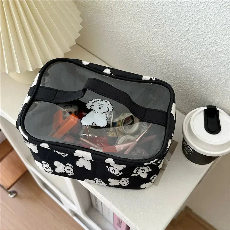 Charming dog print makeup bag with large capacity and secure zipper closure for organised storage of beauty essentials