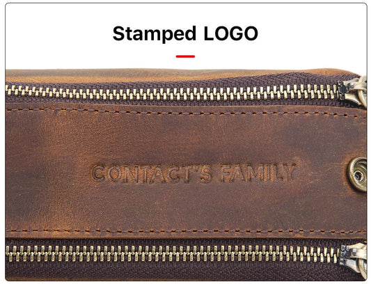 Premium Crazy Horse Leather Double-Zip Portfolio Bag with Sleek Design and Ample Storage Space