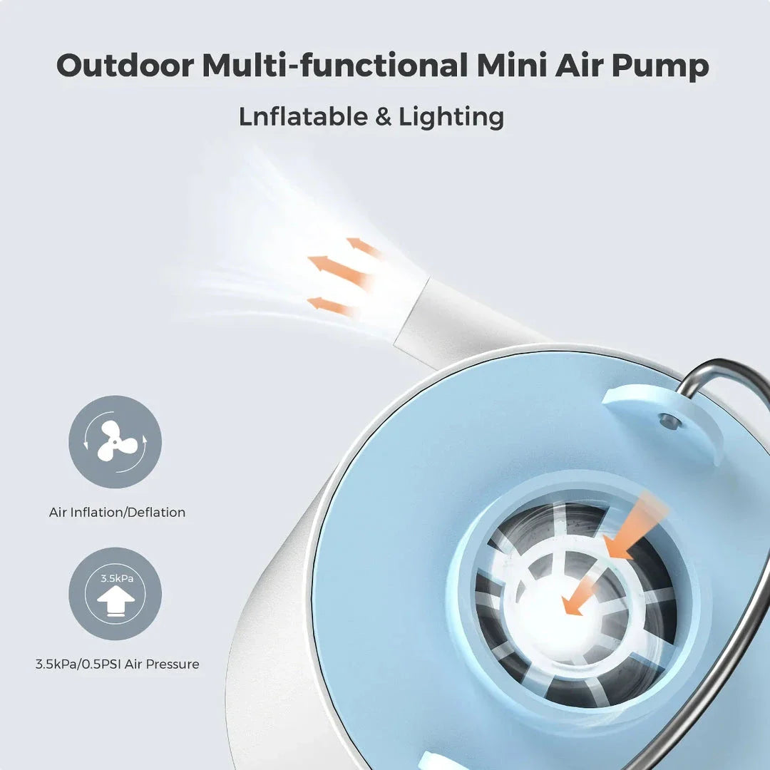 Compact portable electric air pump with built-in LED light for outdoor adventures and storage solutions