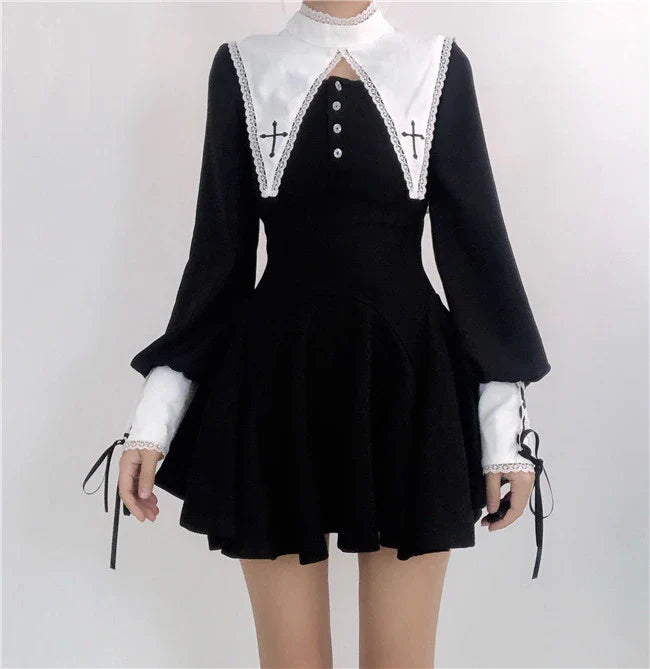Maria Gothic Nun Dress in black with lace accents, a captivating and sophisticated dark fashion piece