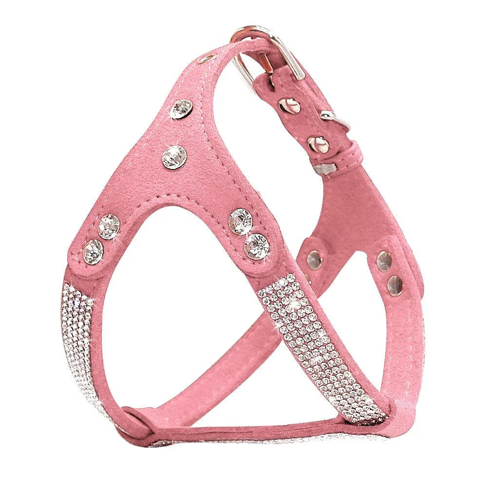 Luxurious leather dog harness with shimmering rhinestone accents, designed for style and comfort