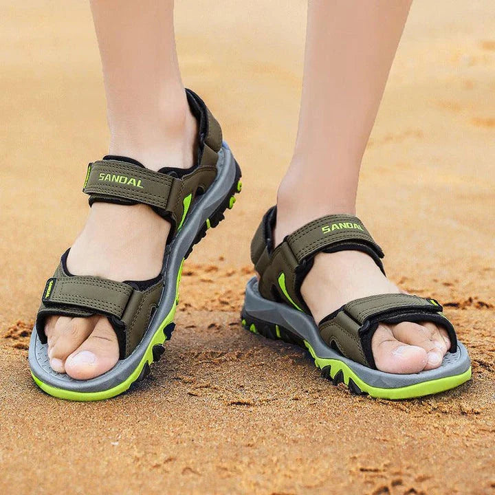 Men's black artificial PU leather and rubber sole beach sandals with open-toe design for outdoor leisure