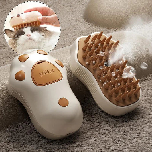 Premium 3-in-1 electric pet grooming tool with steam cleansing technology and soft, rounded bristles for a soothing grooming experience