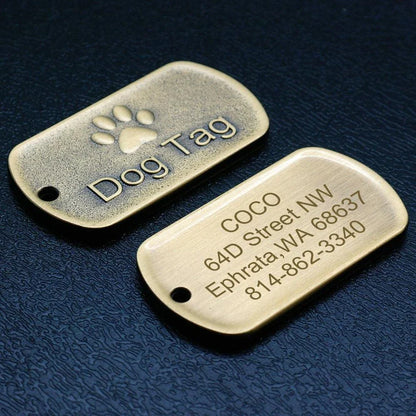 Vintage-style personalized pet ID tag made from durable metal, featuring engraved text for customization and a classic design.
