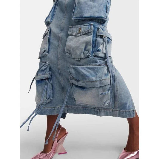 A high-waisted denim skirt with distressed detail and a ribbon slit, perfect for spring fashion