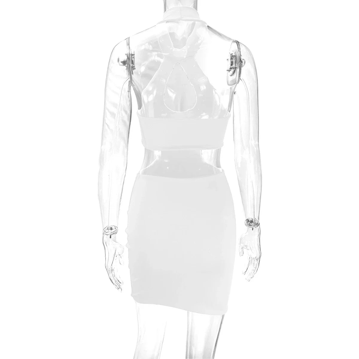 A chic backless halter dress made from premium milk silk with cut-outs at the hips, perfect for formal or semi-formal events.