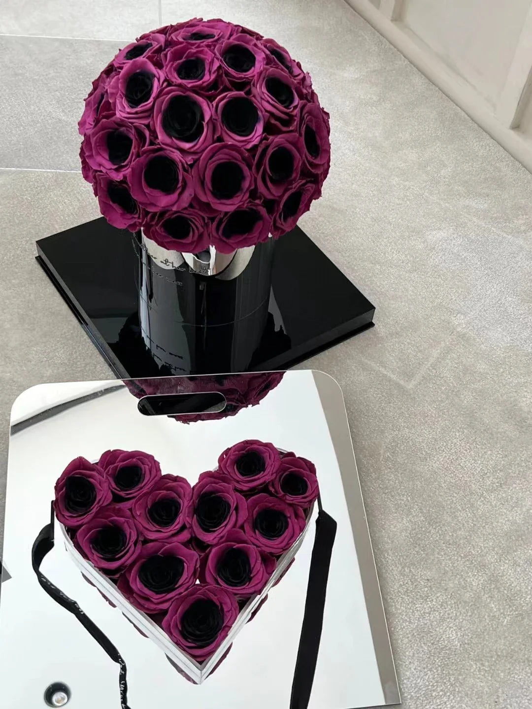 Elegant black plum bow flower pot with preserved plum blossoms, a sophisticated and long-lasting home decor piece