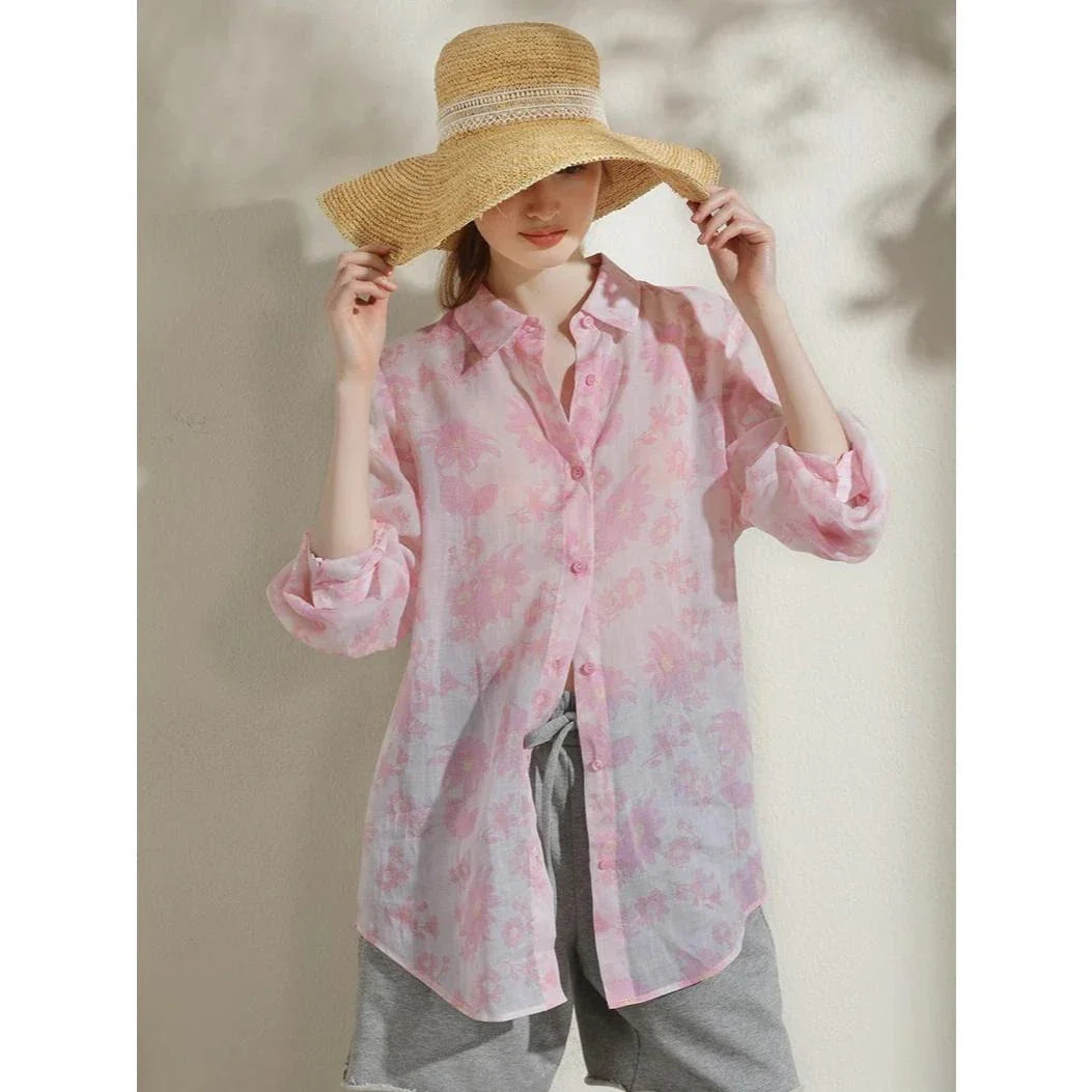Elegant floral print ramie blouse for professional women in the UK