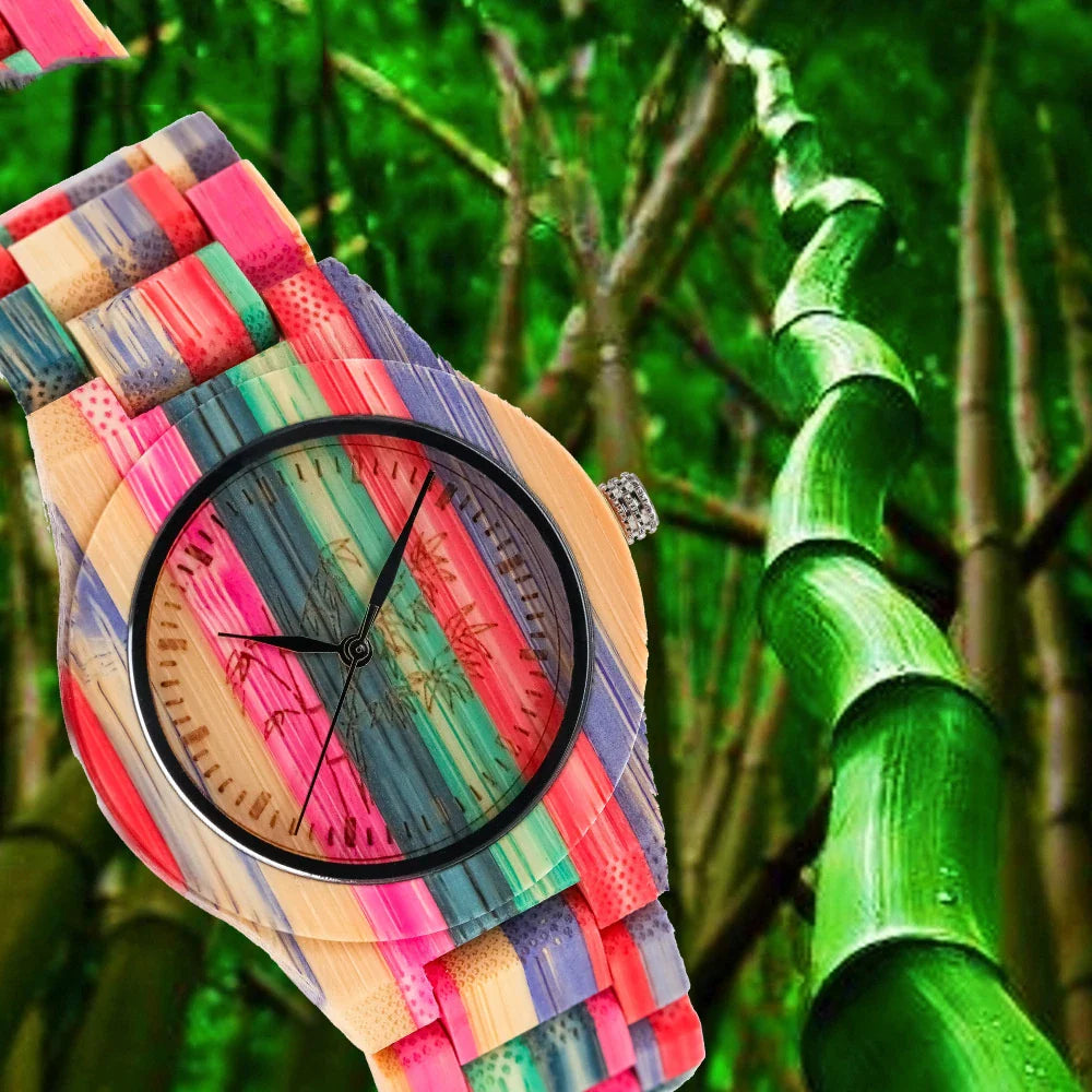 Stylish quartz watch with bamboo wood case and strap in a vibrant colourway