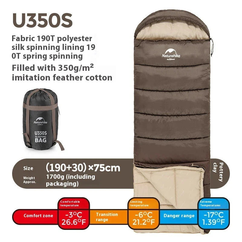 Naturehike Luxury Down-filled Sleeping Bag for Outdoor Camping in Hollow Cotton/Clay Gray, Hollow Cotton/Moxa Leaf Green, and Down Cotton/Sky Blue colours