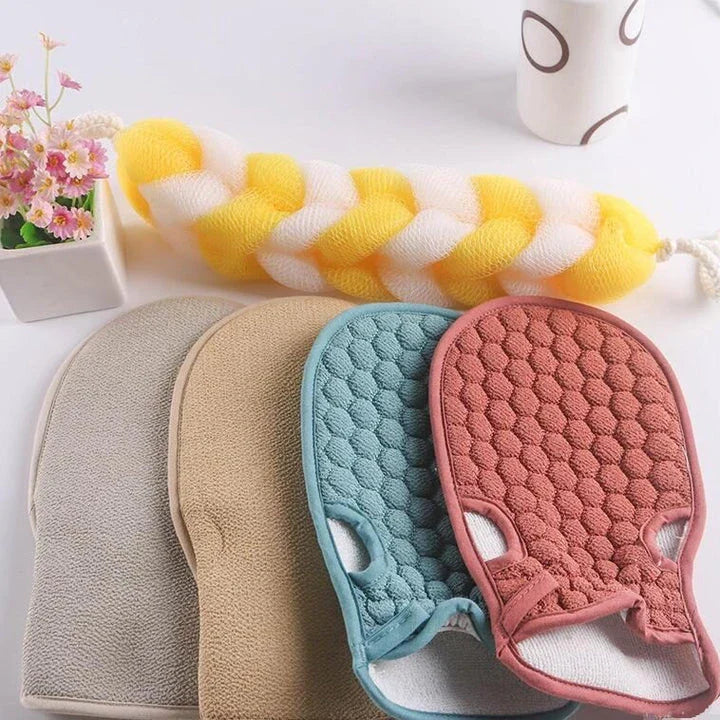 Premium Fingerless Bath Towel Gloves in Beige, featuring a double-sided design for gentle exfoliation and deep cleansing