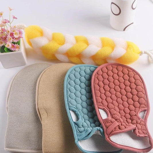 Premium Fingerless Bath Towel Gloves in Beige, featuring a double-sided design for gentle exfoliation and deep cleansing