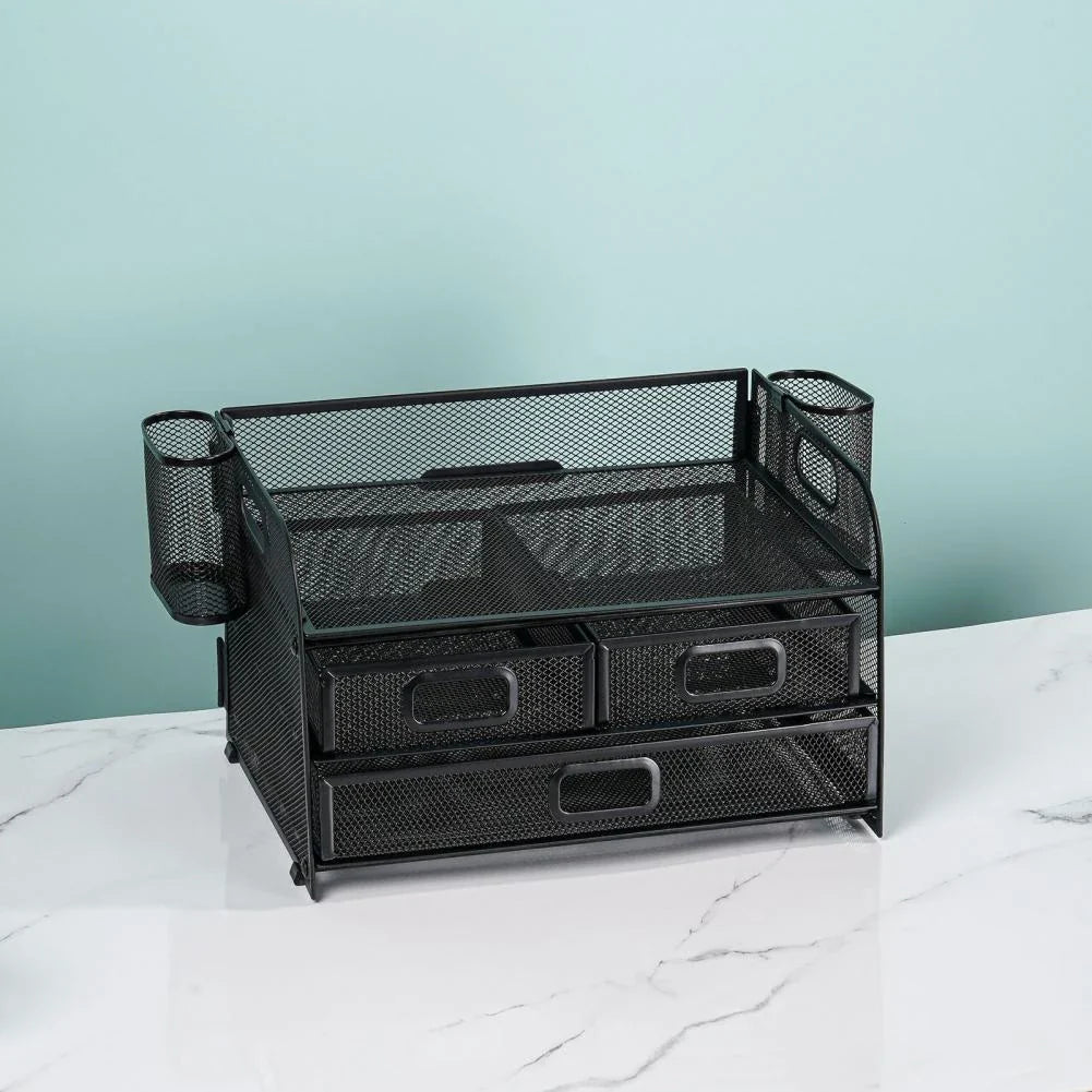 Premium carbon steel mesh desk organiser with 3 drawers and pen holders for efficient workspace organisation