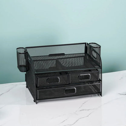 Premium carbon steel mesh desk organiser with 3 drawers and pen holders for efficient workspace organisation