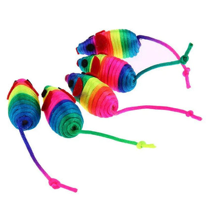 Colourful toy mouse set with 5 plush mice in various bright colours for cat playtime