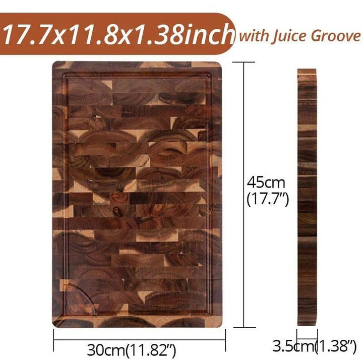 Premium Acacia wood chopping board with a convenient juice groove to catch liquids during food preparation