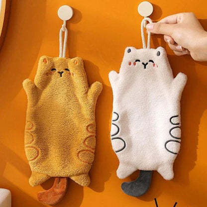 Soft, absorbent coral velvet cat-shaped hand towel with convenient hanging lanyard