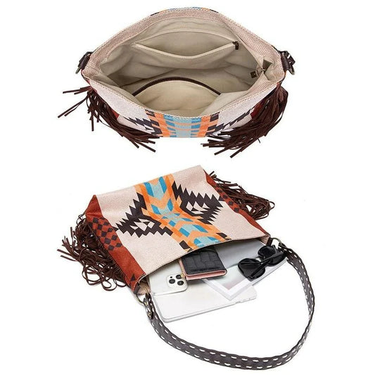 Bohemian Chic Canvas Shoulder Bag with Colourful Knitting and Tassel Details