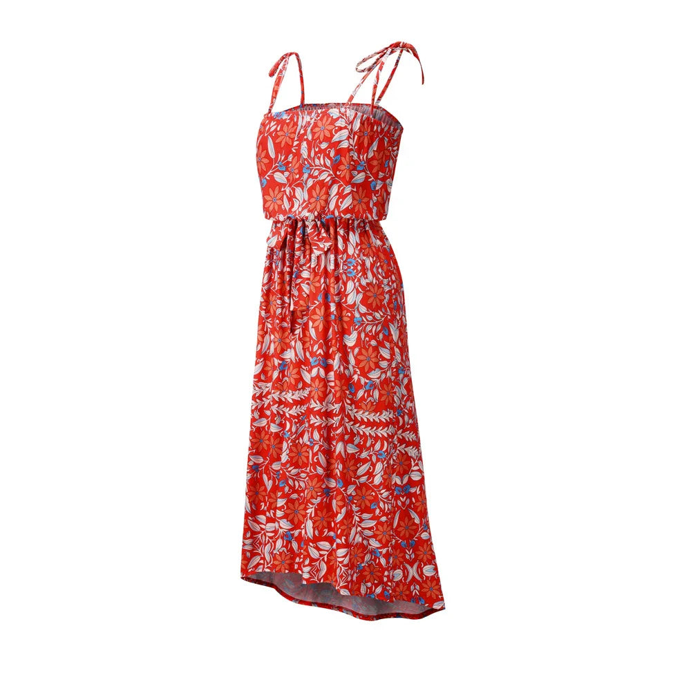 A premium printed camisole dress in a vibrant red colour, featuring a flattering mid-length skirt and high-waist design for a sophisticated, feminine look.