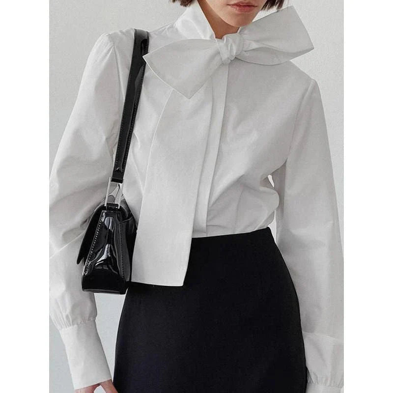 Elegant lace bow blouse for women, featuring a high collar, single-breasted closure, and full sleeves for a refined, versatile look.