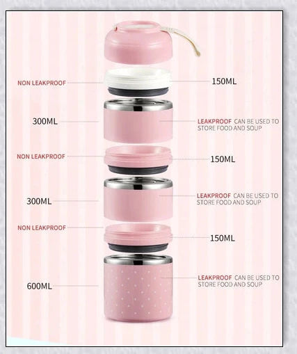Insulated Hot Food Thermos Lunchbox Tower with multi-layer design and choice of green, pink, blue, or gray colour