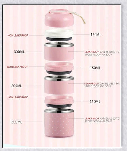 Insulated Hot Food Thermos Lunchbox Tower with multi-layer design and choice of green, pink, blue, or gray colour