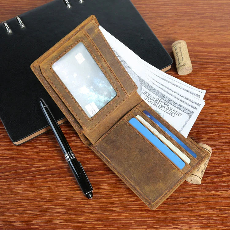 Premium short leather wallet in brown, tan, and black colours for British gentlemen