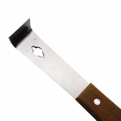 Stainless steel honey scraper with wooden handle, a versatile tool for beekeepers in the UK