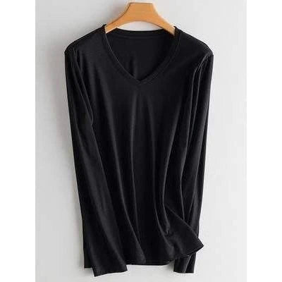 A classic long-sleeved tee in black, made from a premium blend of silk, cotton, and microfiber for a comfortable and elegant look.